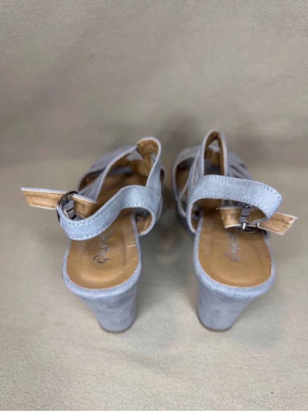 Qupid Light Gray Suede Strappy Wedge Sandals